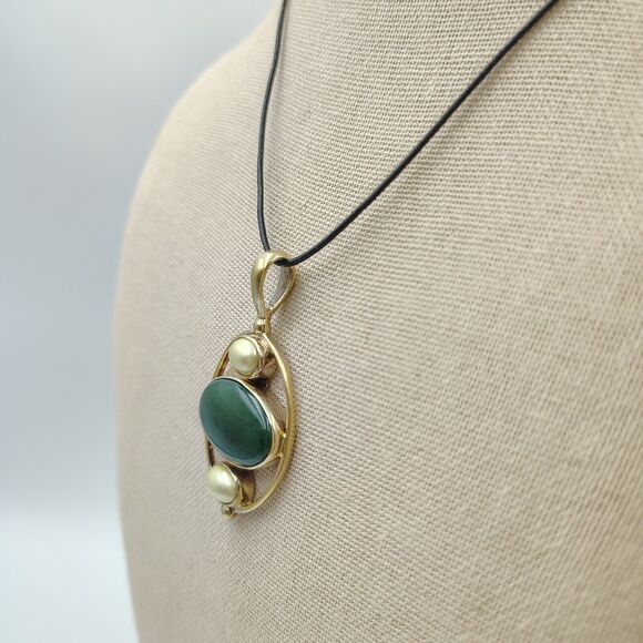 Vintage Sajen Sterling Silver 925 Vermeil Jade/Nephrite Baroque Pearl Pendant - Picture 3 of 13